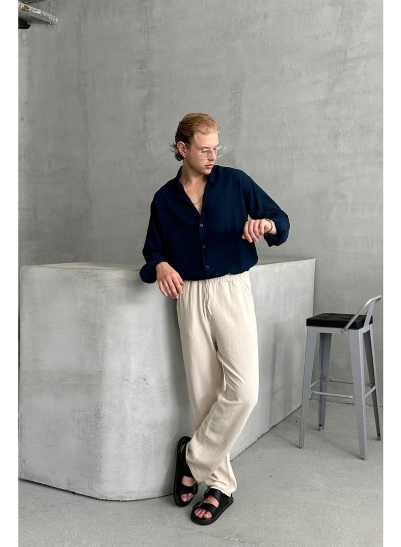 HYMAN Men's Elastic Waist Baggy Linen Trousers - Image 1
